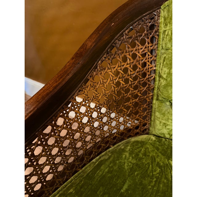 Wood Vintage Green Velvet & Cane Accent Chair W/ Cushion For Sale - Image 7 of 14
