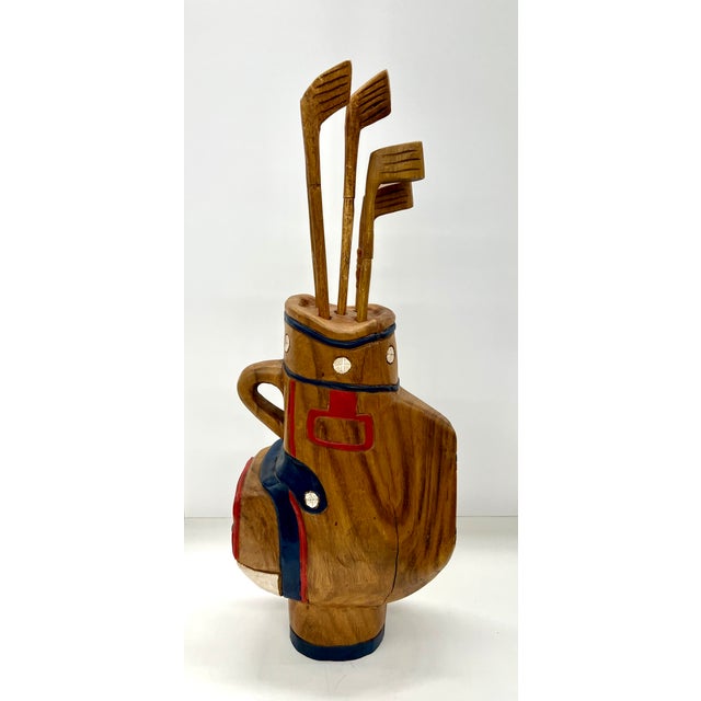 Folk Art Vintage Hand-Carved Wooden Golf Bag & Clubs – Folk Art Sculpture With Removable Clubs For Sale - Image 3 of 7