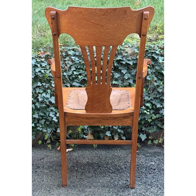 Wood Antique Quarter-Sawn Oak Dining Chairs With Embossed Leather Seats - Set of 4 For Sale - Image 7 of 12