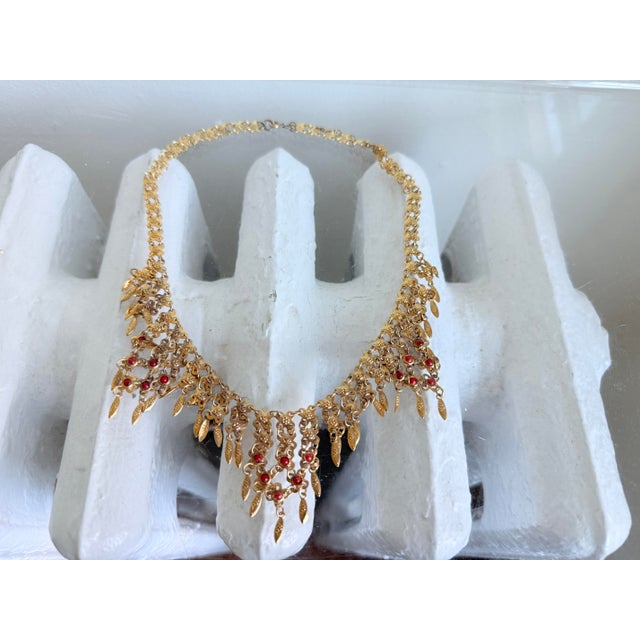 Vintage 1960s Gold Tone Etruscan Revival Fringe Bib Collar Necklace With Faux Coral Dangles For Sale - Image 10 of 10