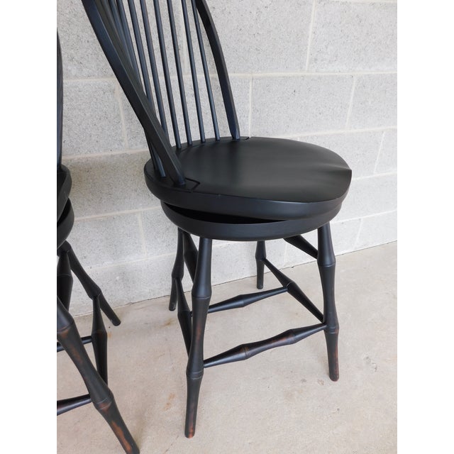 Custom Black Distressed Hoop Back Windsor Style Counter Height Stools - A Pair For Sale - Image 4 of 17