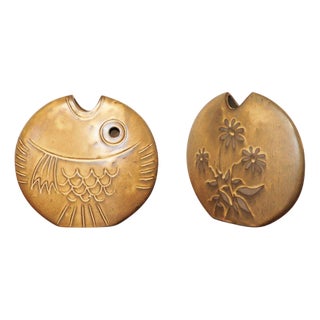 Mid-Century Brown Ceramic Fish and Flower Vases from Rois de Majorque, France, 1970s, Set of 2 For Sale