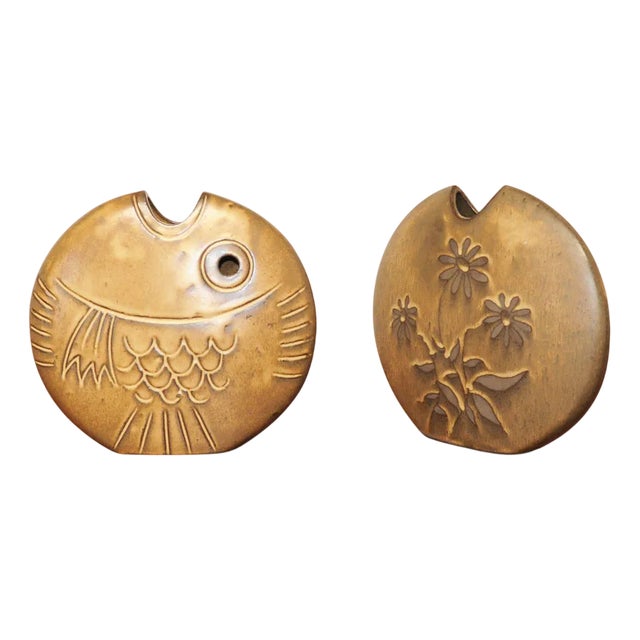 Mid-Century Brown Ceramic Fish and Flower Vases from Rois de Majorque, France, 1970s, Set of 2 For Sale