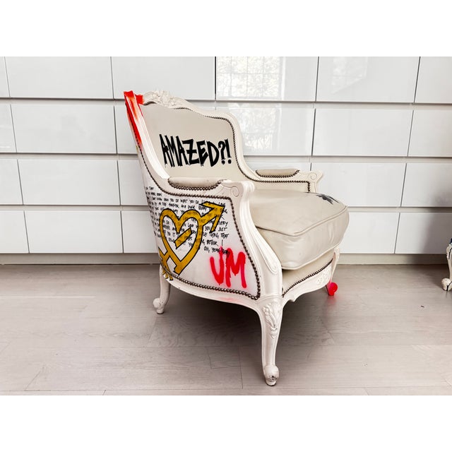 Jimmie Martin Pair of Bespoke Jimmie Martin Hand-Painted White Leather Graffiti Armchairs For Sale - Image 4 of 18