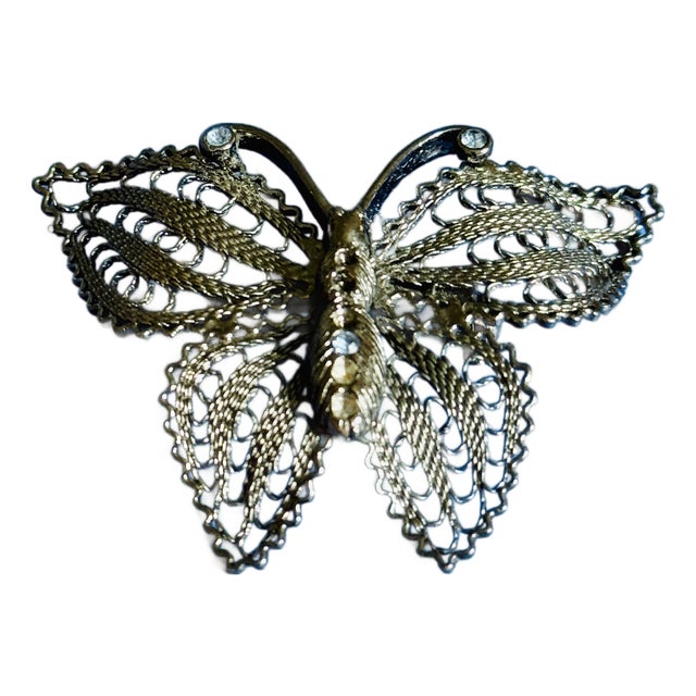 Vintage 1960s Filigree Butterfly Brooch Pin With Cannetille Style Openwork For Sale