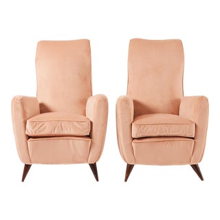 Gio Ponti Velvet Armchairs, Vintage 1940s High Back Blush Armchairs for Isa Bergamo, Set of 2 For Sale