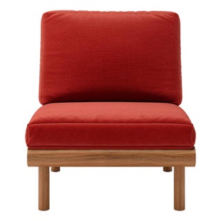 Rishon Dark Teak Outdoor Lounge Chair – Classic Cushion Edition in Sunbrella Jockey Red For Sale