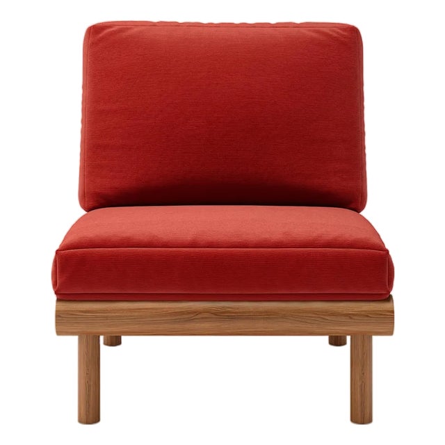 Rishon Dark Teak Outdoor Lounge Chair – Classic Cushion Edition in Sunbrella Jockey Red For Sale