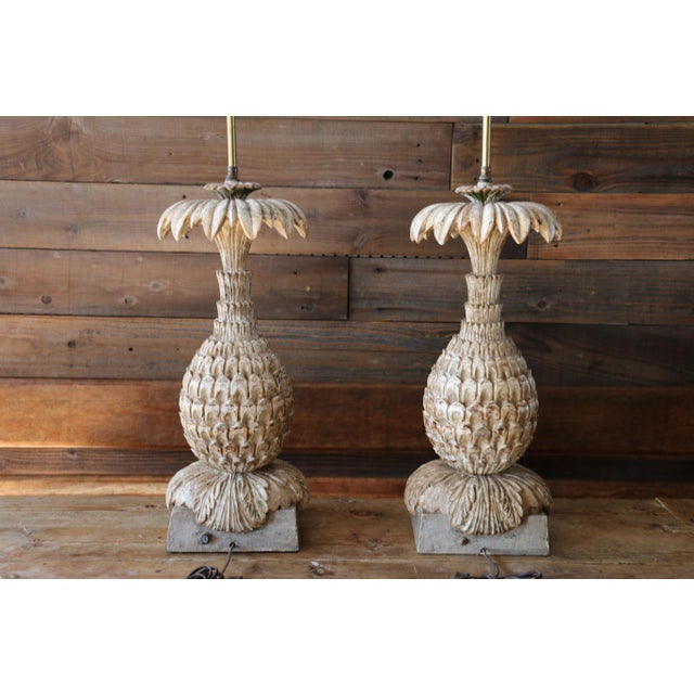 Vintage Italian Carved Wood Pineapple Table Lamps — Pair For Sale - Image 4 of 18