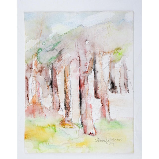 Abstract forest landscape watercolor on paper painting. Signed Gabriela Zeledon, dated 2004 in pencil lower right corner....