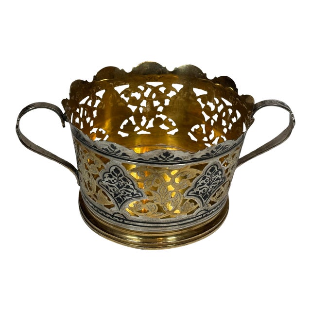 Vintage Kubachi 875 Silver Gilt Niello Openwork Sugar Candy Bowl For Sale