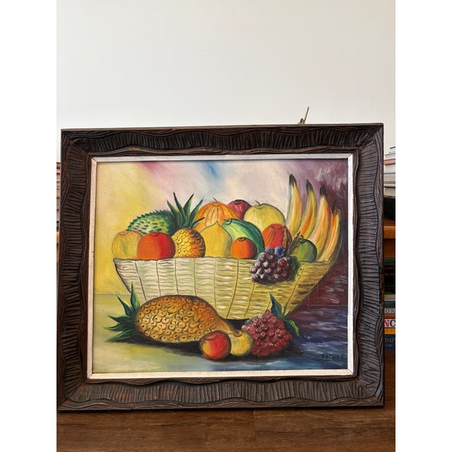 Vintage Original & Signed Tropical Fruit Still Life Oil Painting in Hand Carved Wood Frame For Sale In Miami - Image 6 of 14