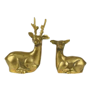 Mid 20th Century Gold Brass Sitting Buck Deer Animal Figurines- a Pair