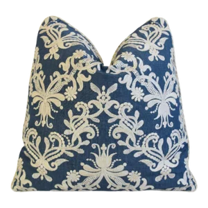 Designer Classic Cloth Embroidered Aquitaine Blue Feather/Down Pillow 21" Square