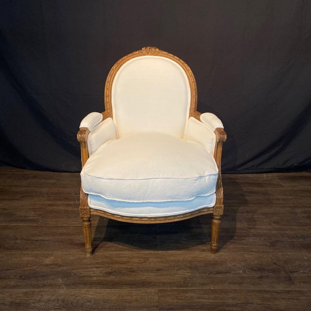 French French Louis XVI Carved Walnut Armchairs Bergere Chairs -a Pair For Sale - Image 3 of 10
