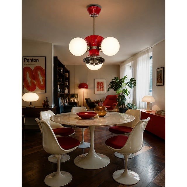 Space Age Pendant Lamp with Three Globes in Red Lacquered Metal, Chrome and Opal Glass, 1970s For Sale - Image 4 of 6
