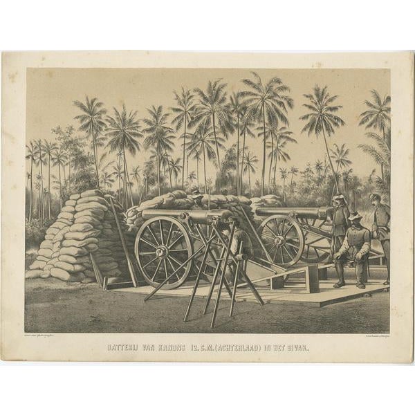 Antique print Indonesia titled 'Battery of 12 cm cannons (breech loading) in the bivouac'. Antique print depicting a...