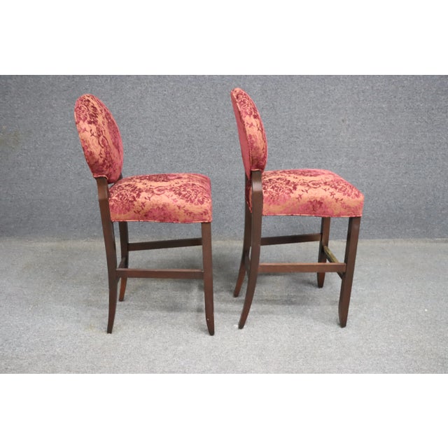 Wood Roundback Damask Upholstered Barstools/4 For Sale - Image 7 of 10