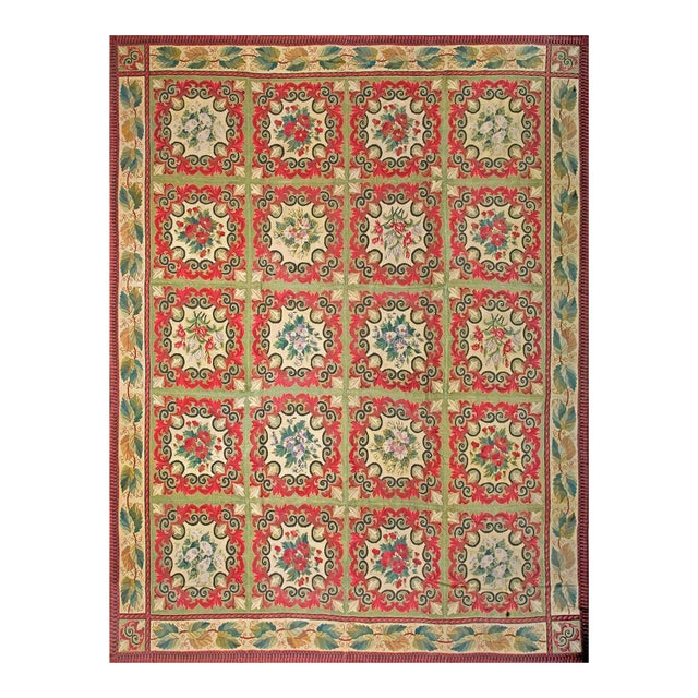 1880s Multicolor Floral Antique French Needlepoint Rug 11'10" X 14' Flatweave Wool Carpet For Sale