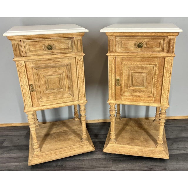 Antique French Bedside Tables in Oak with Marble Top, Set of 2 For Sale - Image 5 of 17