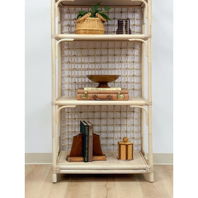 Vintage Arched Blonde Rattan Lattice Etagere Coastal Boho Hollywood Regency For Sale - Image 11 of 16