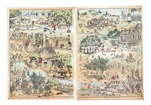 Pair of Antique French Game Board Prints, "Land of Plenty", 32" x 24" EUC