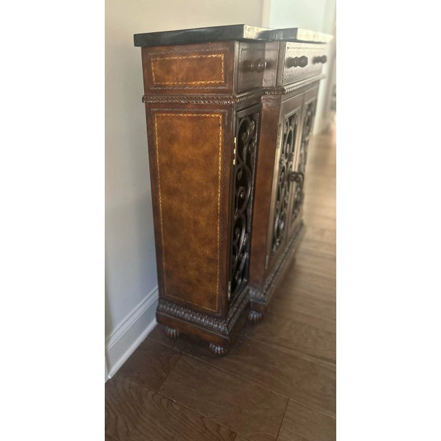 Traditional Horchow Leather, Iron and Marble Top Display Cabinet For Sale - Image 3 of 12