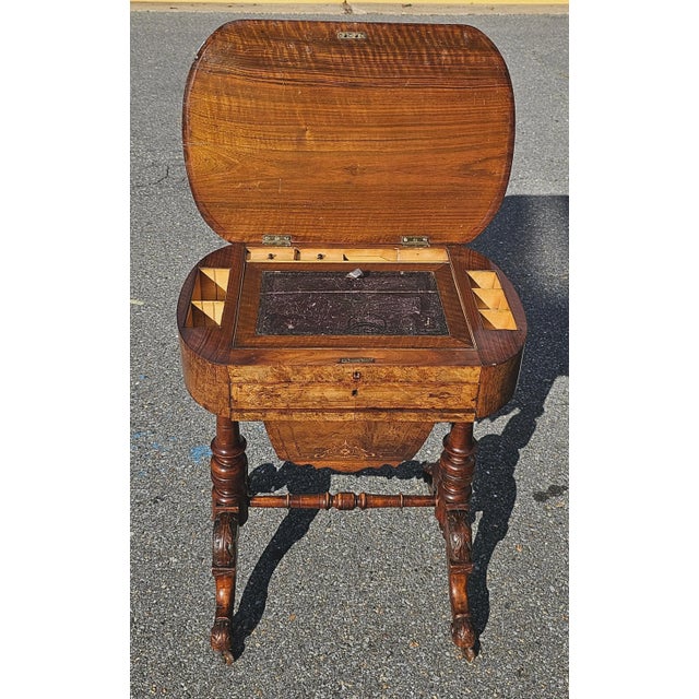 19th Century Victorian Marquetry Burl Walnut Sewing Table For Sale - Image 9 of 11