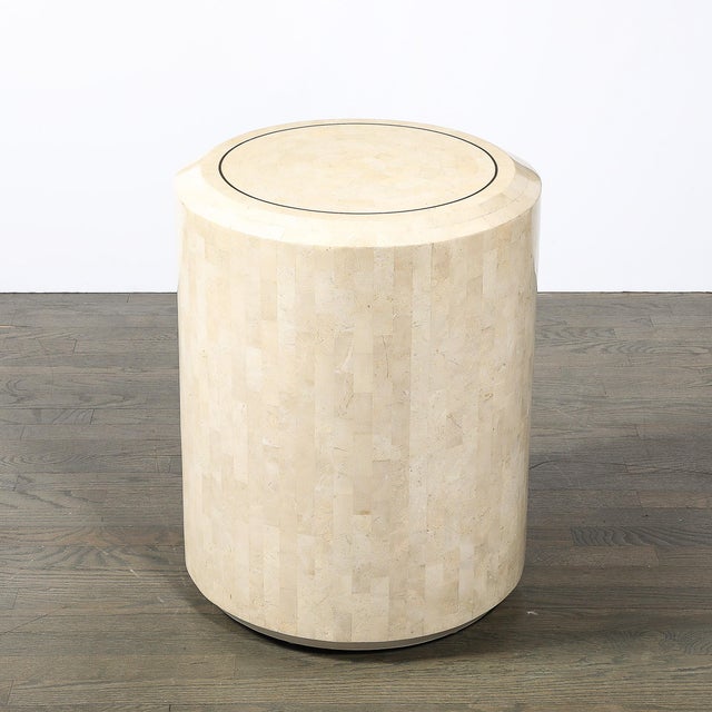 Maitland - Smith Mid-Century Drum Form Brass Inlay Tessellated Stone Side Table by Maitland Smith For Sale - Image 4 of 14