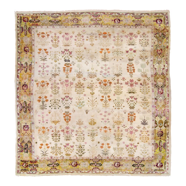 Antique Mid 1800s Allover Botanical Figurative Tan Burgundy Mustard Hand Knotted Wool Low Pile Rug 13’11“ X 15’1“ For Sale