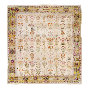 Antique Mid 1800s Allover Botanical Figurative Tan Burgundy Mustard Hand Knotted Wool Low Pile Rug 13’11“ X 15’1“