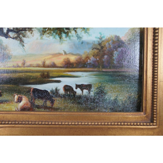 20th Century Realist Pastoral Landscape Oil Painting on Canvas Countryside Cows, Framed For Sale - Image 6 of 12