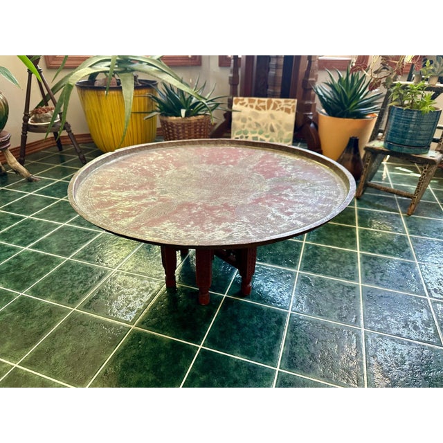 Moroccan Copper Tray Table: Hand-Etched Floral Design, Folding Wood Base For Sale - Image 10 of 10