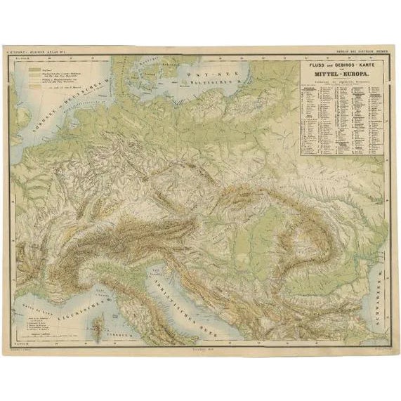 Antique Map of the Rivers and Mountains of Europe, 1870 For Sale