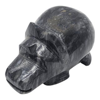 Hand Carved Black Marble Hippopotamus Sculpture – Vintage Stone Animal Figurine For Sale