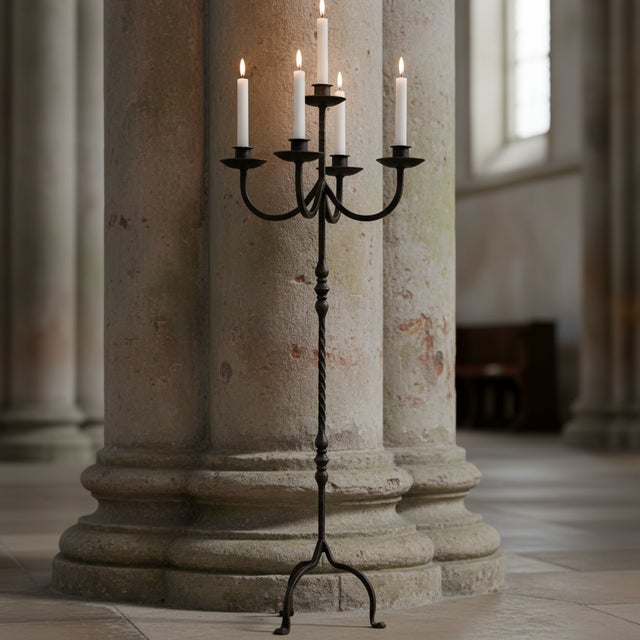 Hand Forged Iron Floor Candelabra 48.5″ (123cm) Antique Copper or Gold Patina 3-Arm Royal Scroll Candle Holder Decor For Sale - Image 6 of 12