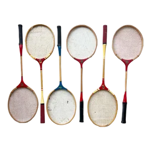 Vintage Badminton, Tennis or Squash Rackets in Red White and Blue Set of 6