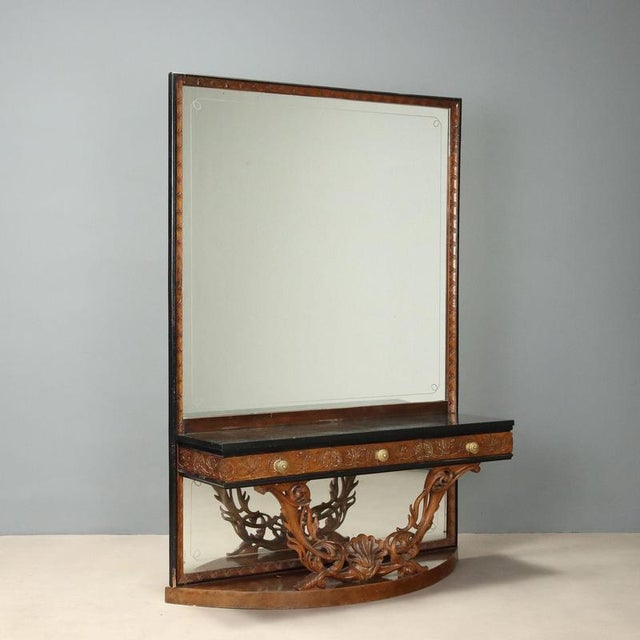 Console with Mirror in Walnut and Green Serpentine Marble For Sale - Image 12 of 12