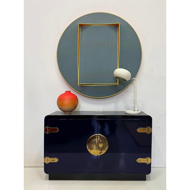 1970s Newly Lacquered Asian-Theme Mastercraft Cabinet, Overscale Brass Hardware Offered for sale is an elegant 1970s...