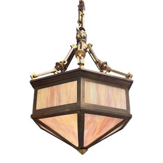 Antique Hexagonal Shaped Bronze and Slag Glass Chandelier For Sale