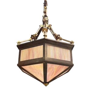 Antique Hexagonal Shaped Bronze and Slag Glass Chandelier