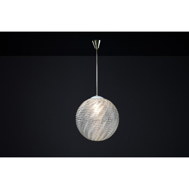 Mid-Century Modern Brass and Pattern Glass Pendant, Prague, 1960s For Sale - Image 4 of 14