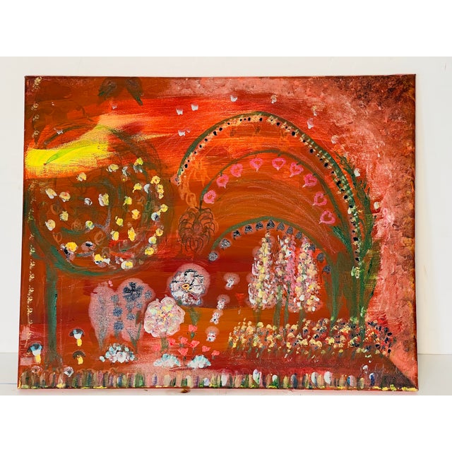 Abstract mixed media painting on stretched canvas Magic Garden at Sunset with 3 Hedgehogs collecting mushrooms.signed by...