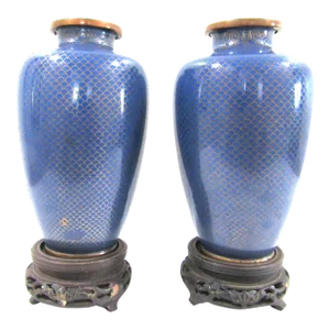 Pair of 1930s Chinese Turquoise Blue Enameled Fish Scale Cloisonne Vases