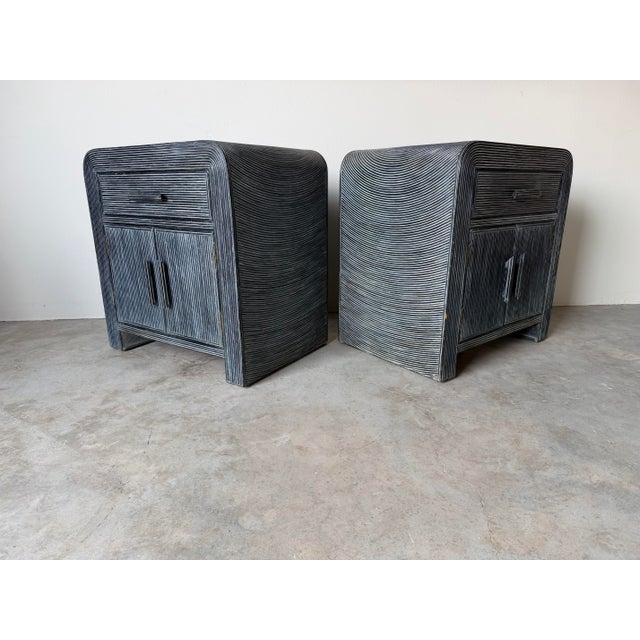 Vintage Coastal Pencil Reed Rattan Nightstands With Blackwashed Finish – Pair For Sale - Image 4 of 13