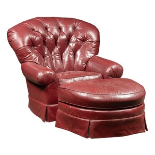 Vintage Tufted Leather Churchill Chair With Ottoman in Burgundy For Sale