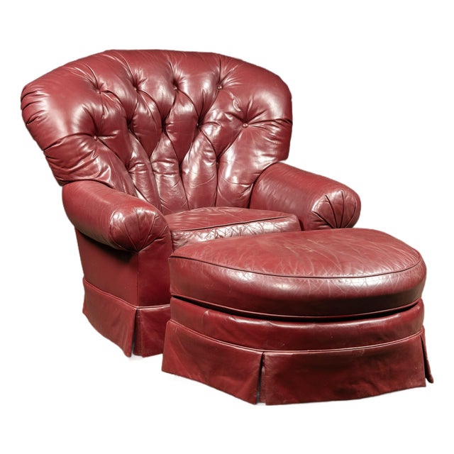 Vintage Tufted Leather Churchill Chair With Ottoman in Burgundy For Sale
