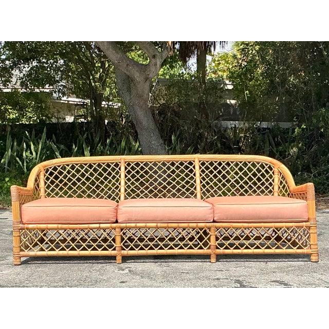 Wood Vintage Coastal McGuire Trellis Rattan Sofa For Sale - Image 7 of 12