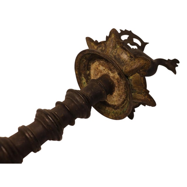 Metal Large Antique Indian Brass Diya Samai Pooja Temple Oil Lamp, 1920s For Sale - Image 7 of 18