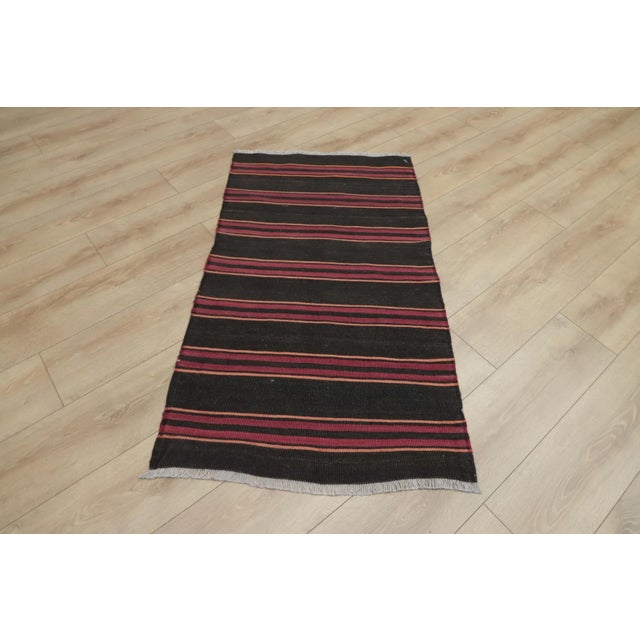 Tribal 1980s Tribal Black Striped Kilim Small Rug For Sale - Image 3 of 13